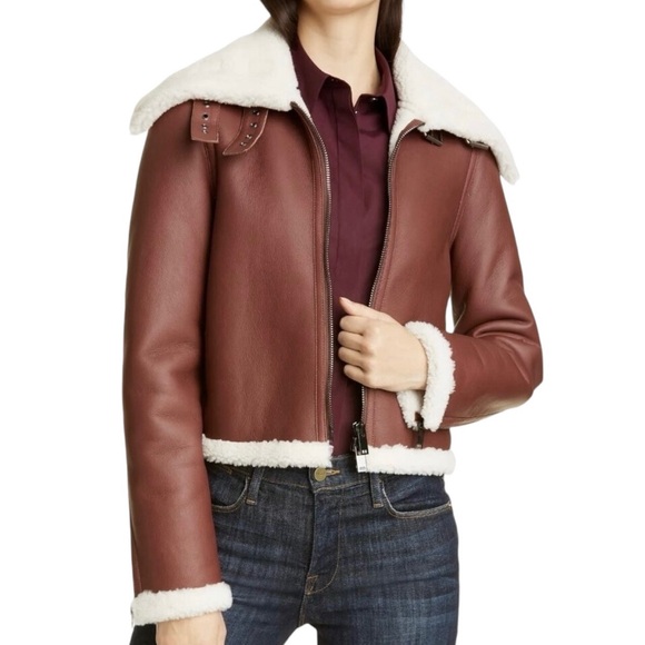 Theory Jackets & Blazers - Theory Sedona Relax Shearling Moto Lamb's Leather Wide Collar Zip-Up Jacket